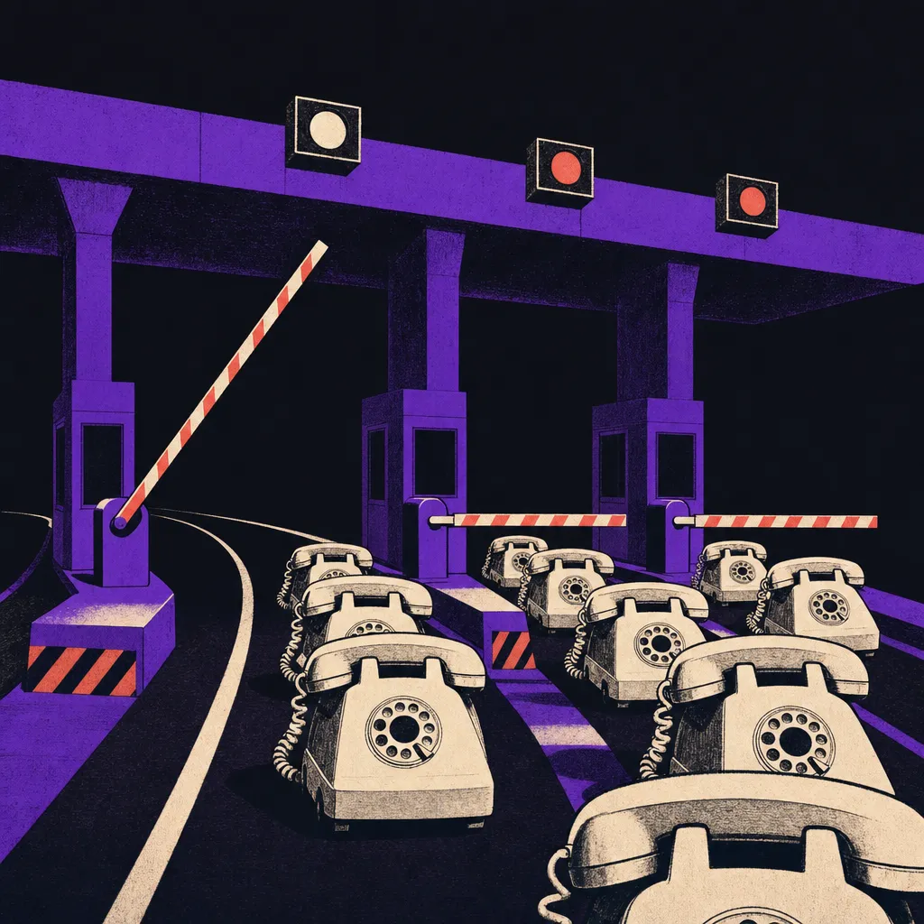 Rotary telephones queued at a toll plaza where only one of three barrier arms is raised