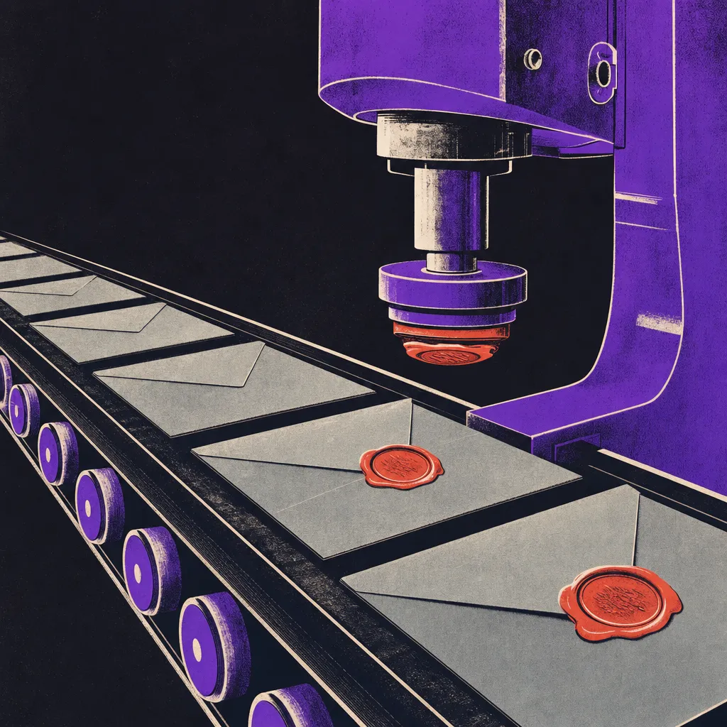 Assembly line of gray envelopes on a conveyor passing under a stamping press that marks only some with a red wax seal, illustrating automated lead qualification sorting leads at volume