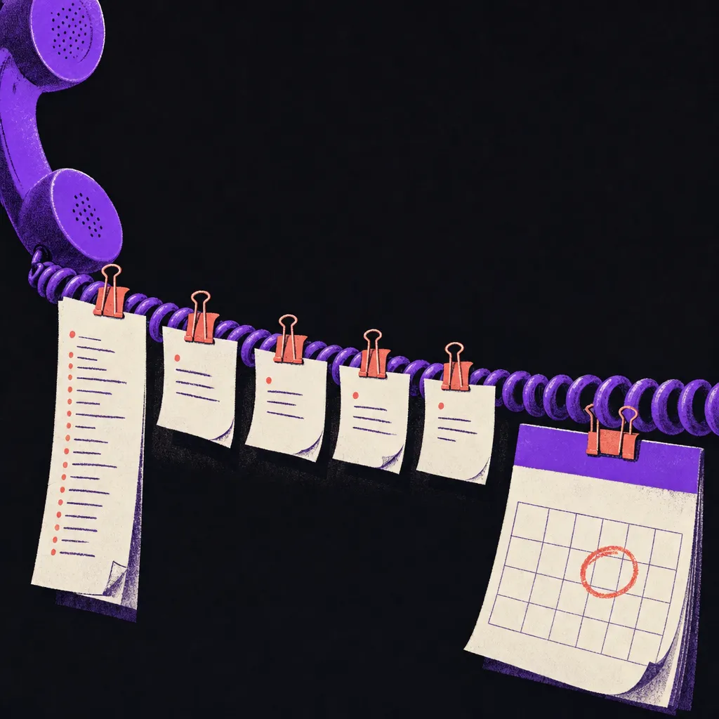 A contact list feeding along a telephone cord toward a calendar with a booked date