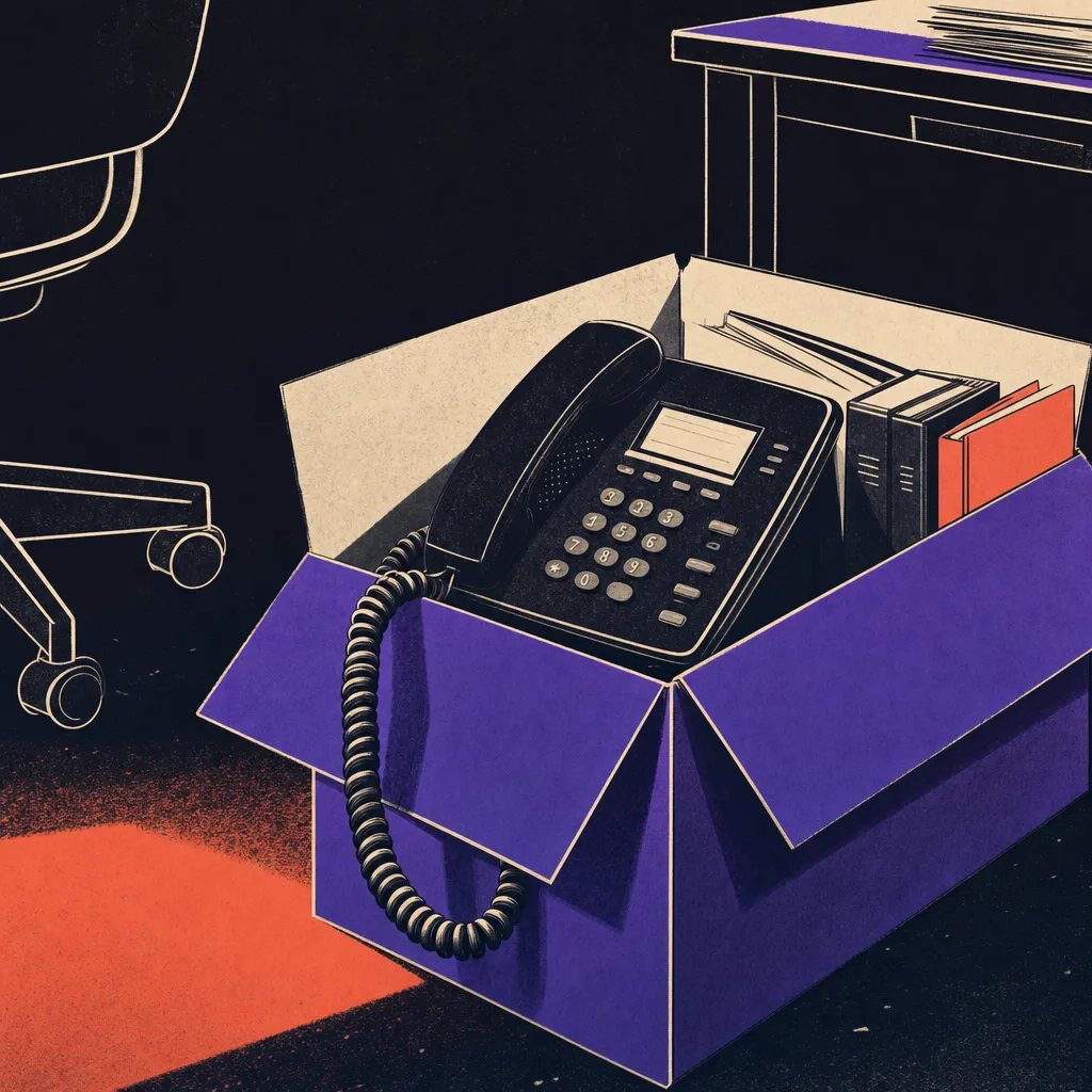 A desk telephone with a coiled cord resting inside a half-packed cardboard moving box on an office floor