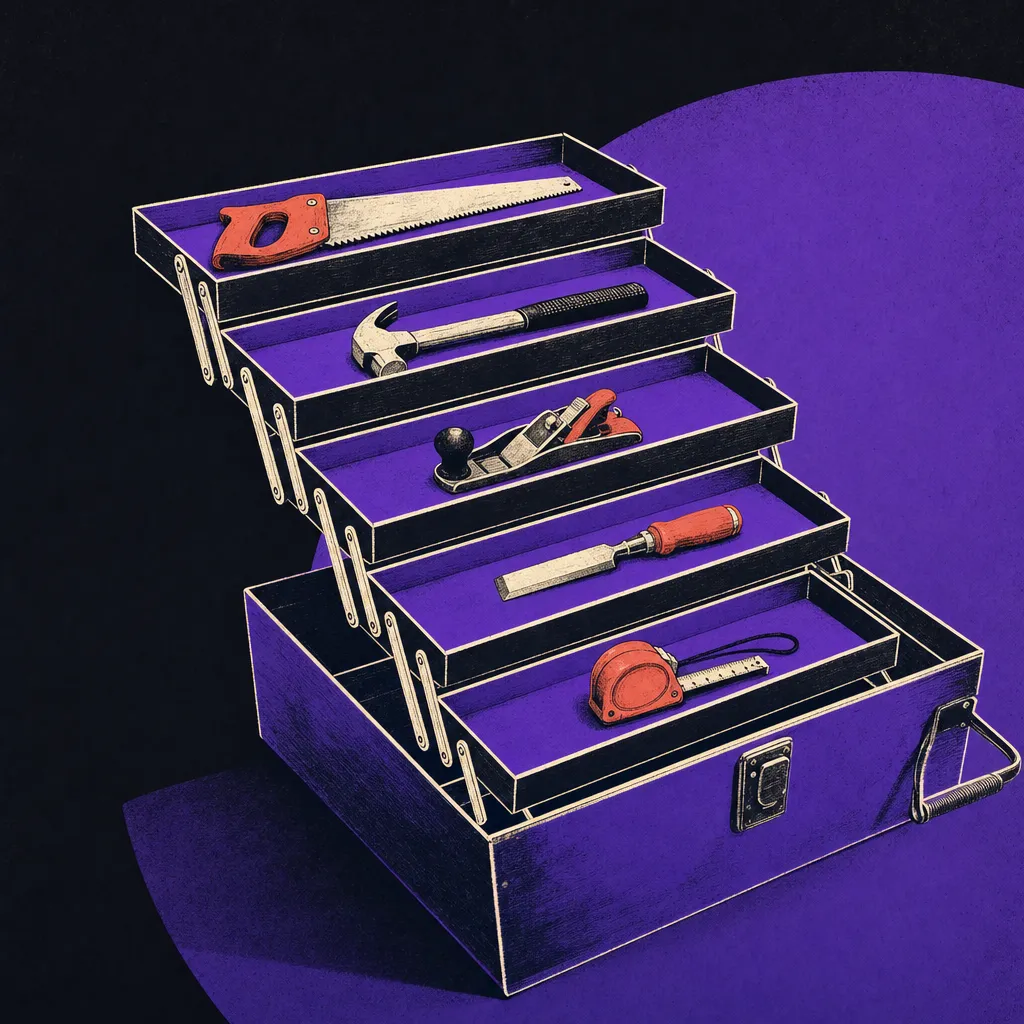 Cantilever toolbox with five open trays, one distinct hand tool in each, illustrating the five jobs real estate AI tools are built for