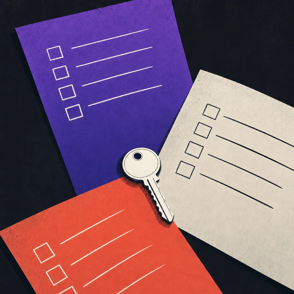 Three overlapping distress lists with a single house key resting where all three intersect, illustrating how list stacking surfaces the motivated seller