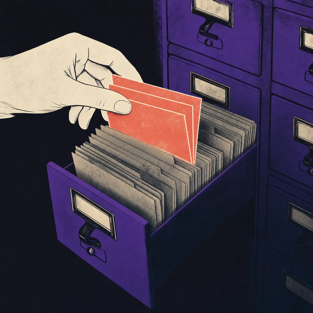 A hand lifting three warm coral index cards out of a card catalog drawer full of gray ones