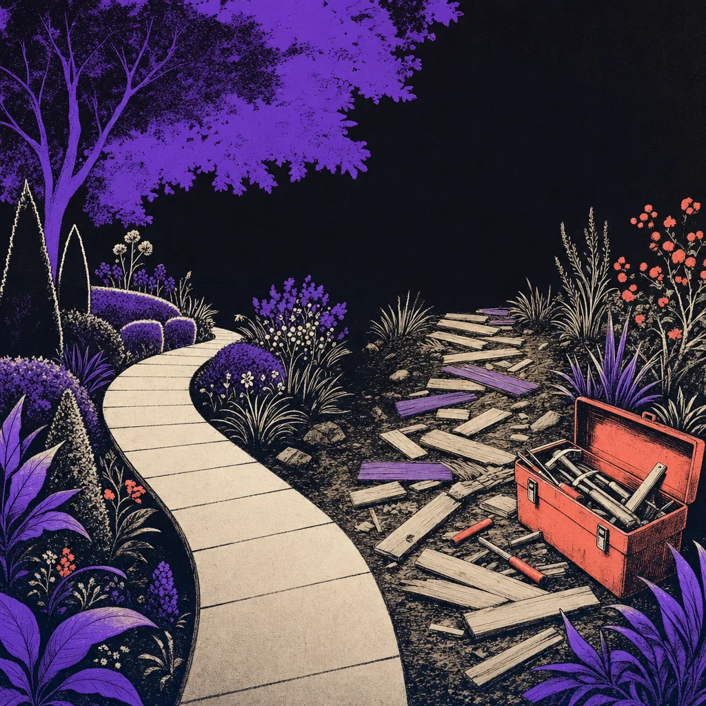A garden path splitting in two: one branch is a tidy paved walkway, the other is scattered with wooden planks and an open toolbox